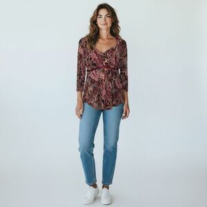 J.T.B. Red Beige Paisley Long Sleeve wrap Blouse V neck Quarter 3/4 Sleeve M